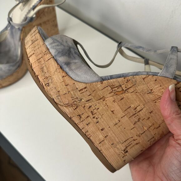 Prada Tie Dye Light Blue Suede Tan Cork Wedge Sandals Ankle Espadrilles 38 - Picture 9 of 13